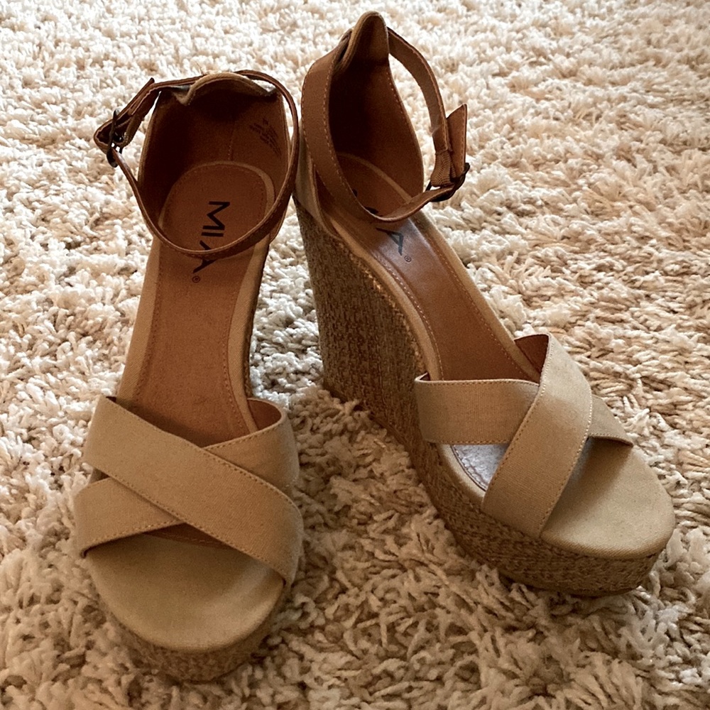 Camel colored MIA ankle strap wedge sandals.  Size 9.  Worn twice!